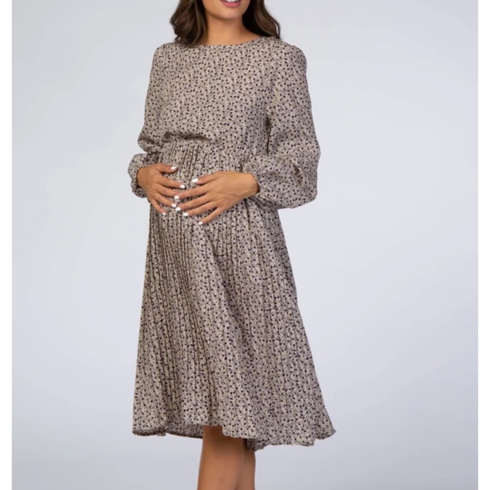 PinkBlush Taupe Floral Pleated Midi Maternity Dress
